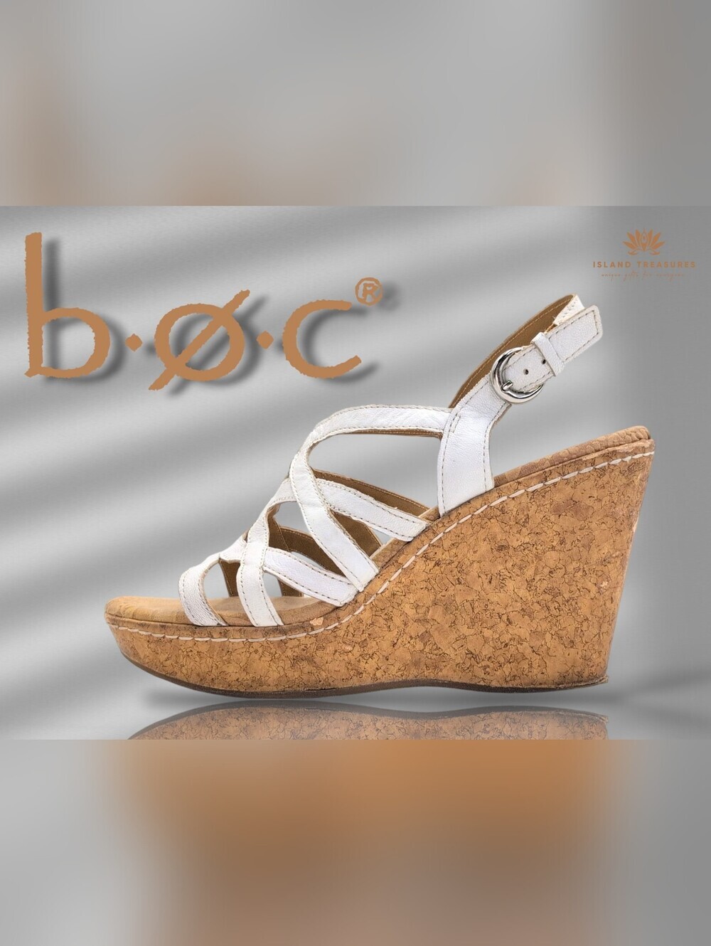 b.o.c. "Nilsa" Sz 8 White Leather Platform Wedge Slingback Silver Buckle Sandals